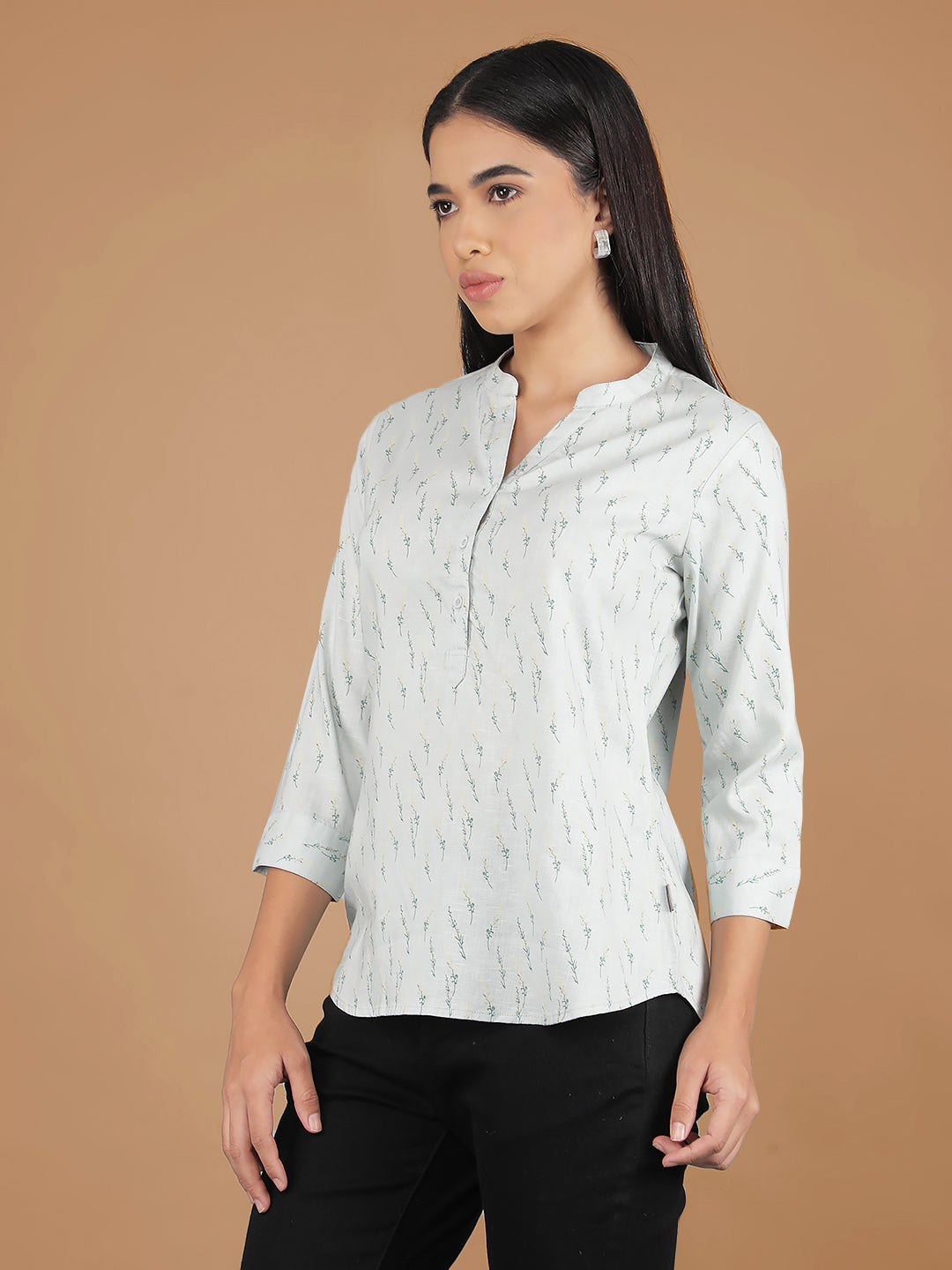 Green Floral Print Mandarin Collar Top-Women Tops-Crimsoune Club