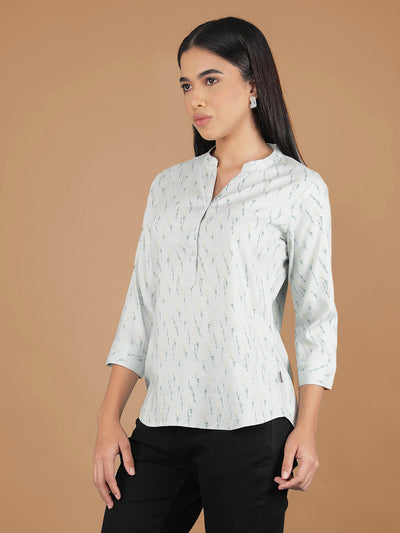 Green Floral Print Mandarin Collar Top-Women Tops-Crimsoune Club