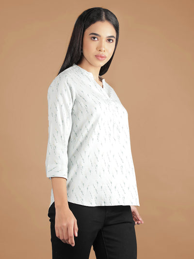 Green Floral Print Mandarin Collar Top-Women Tops-Crimsoune Club