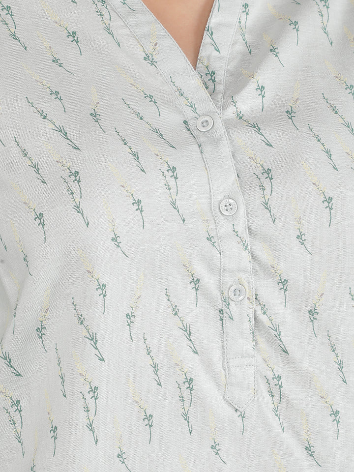 Green Floral Print Mandarin Collar Top-Women Tops-Crimsoune Club