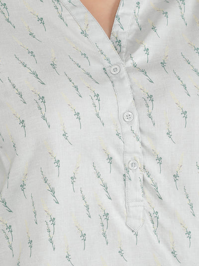 Green Floral Print Mandarin Collar Top-Women Tops-Crimsoune Club