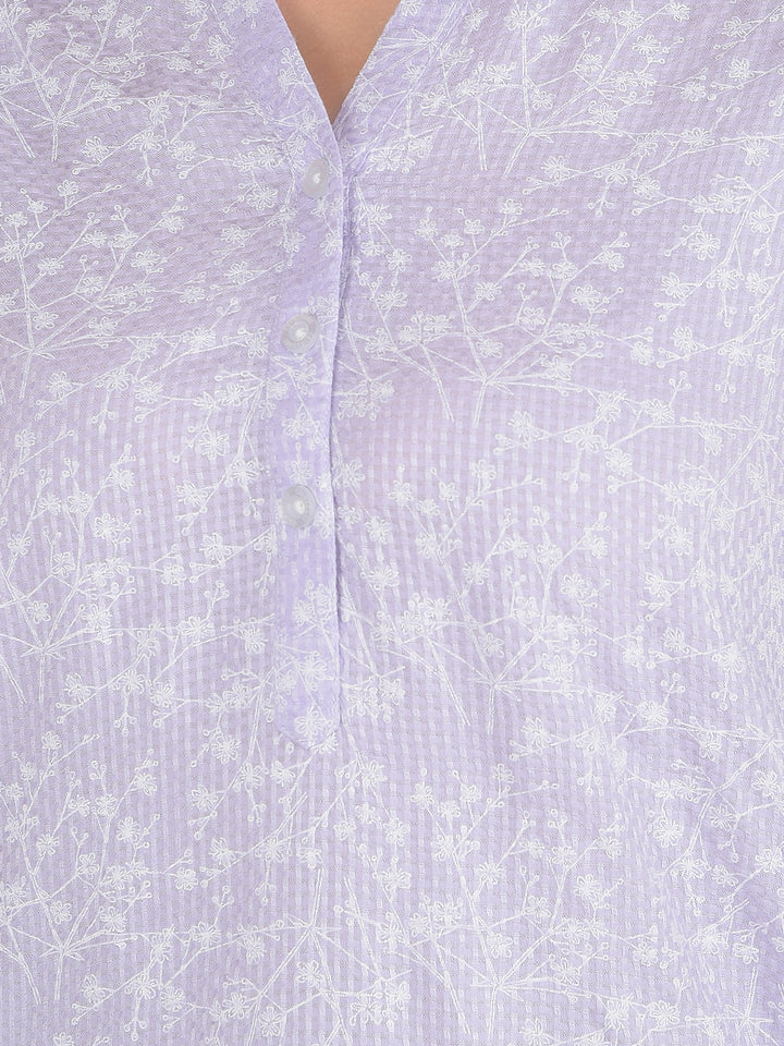 Purple Floral Print V-Neck Top-Women Tops-Crimsoune Club
