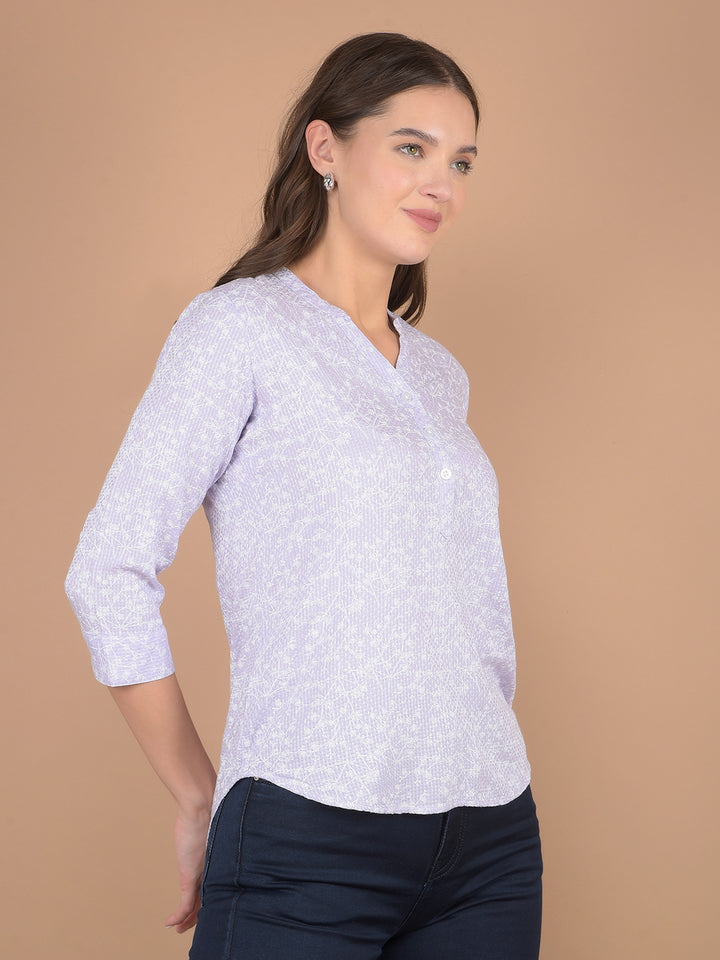 Purple Floral Print V-Neck Top-Women Tops-Crimsoune Club
