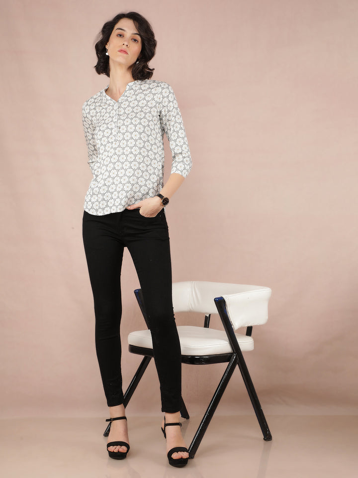 White Floral Print V-Neck Top-Women Tops-Crimsoune Club