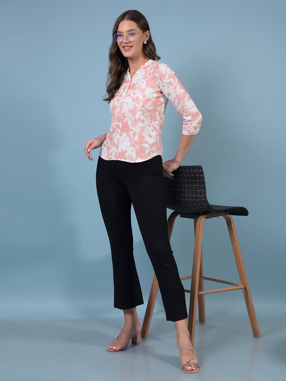 Women's Peach Floral Print 100% Cotton V-Neck Top-Women Tops-Crimsoune Club