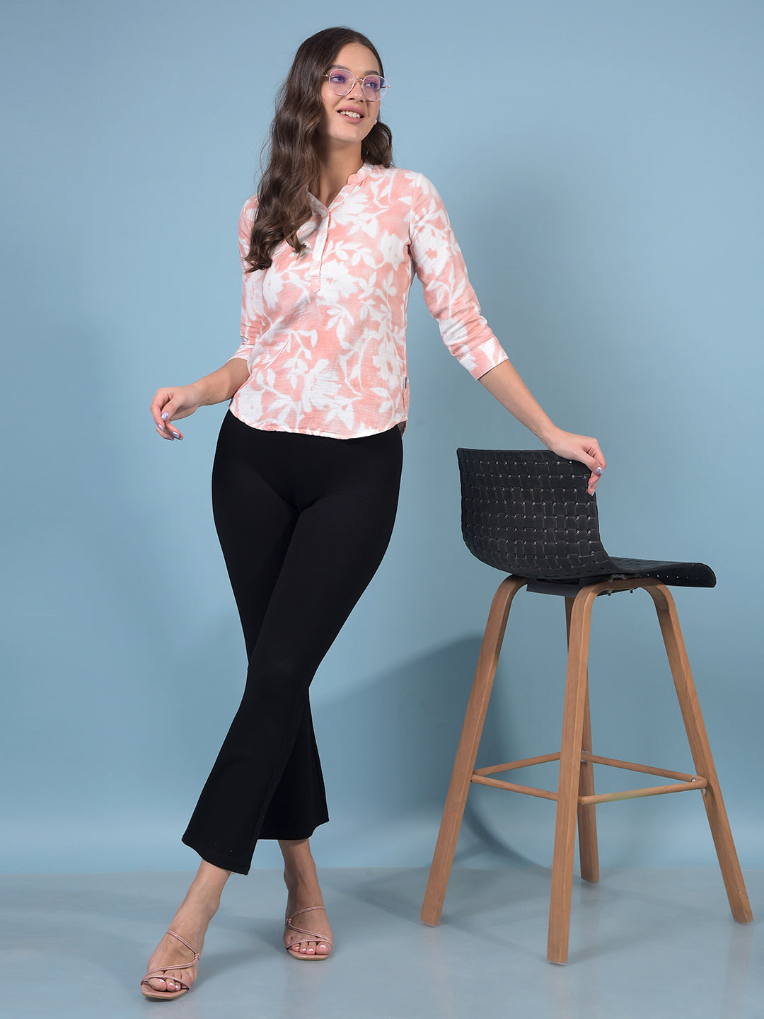 Women's Peach Floral Print 100% Cotton V-Neck Top-Women Tops-Crimsoune Club