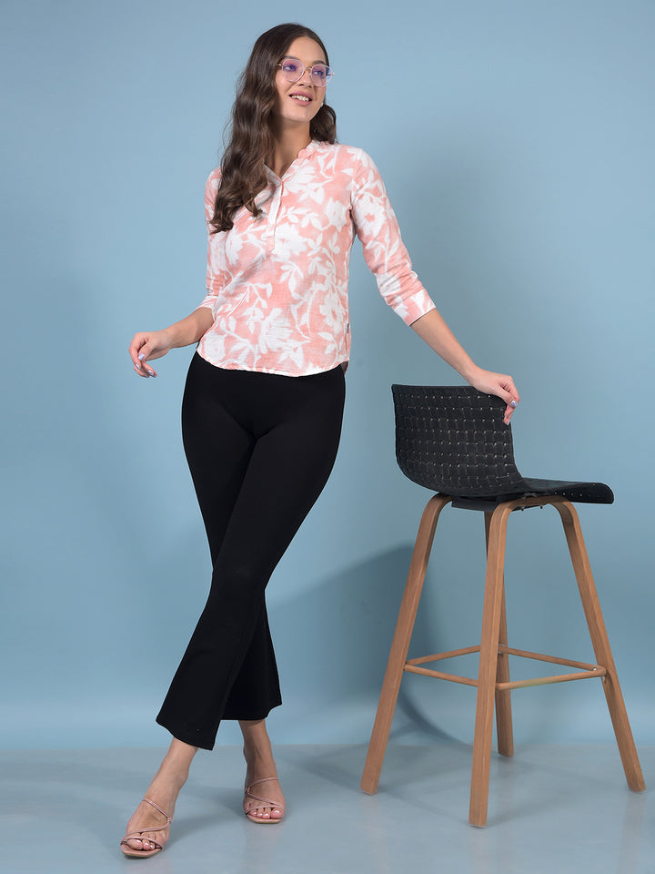 Women's Peach Floral Print 100% Cotton V-Neck Top-Women Tops-Crimsoune Club