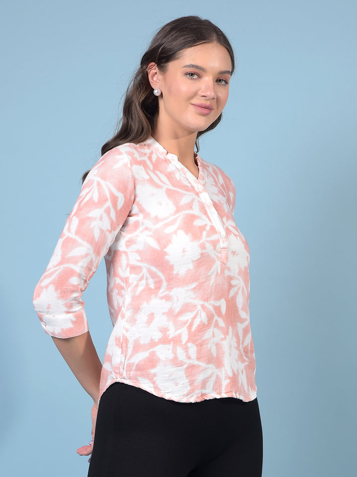 Women's Peach Floral Print 100% Cotton V-Neck Top-Women Tops-Crimsoune Club