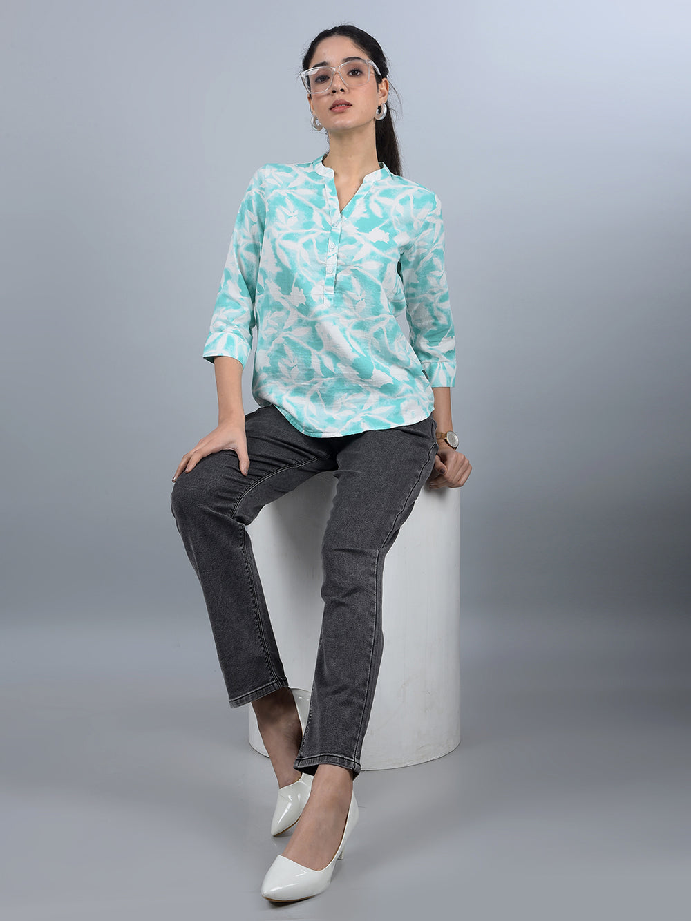 Green Floral Print V-Neck 100% Cotton Top-Women Tops-Crimsoune Club