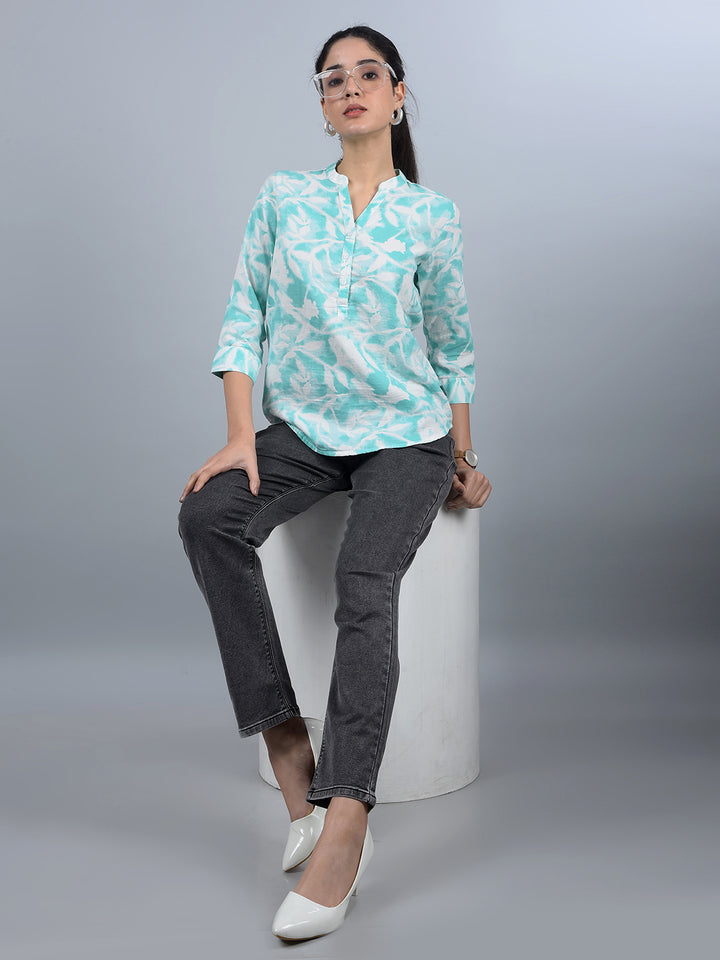 Green Floral Print V-Neck 100% Cotton Top-Women Tops-Crimsoune Club