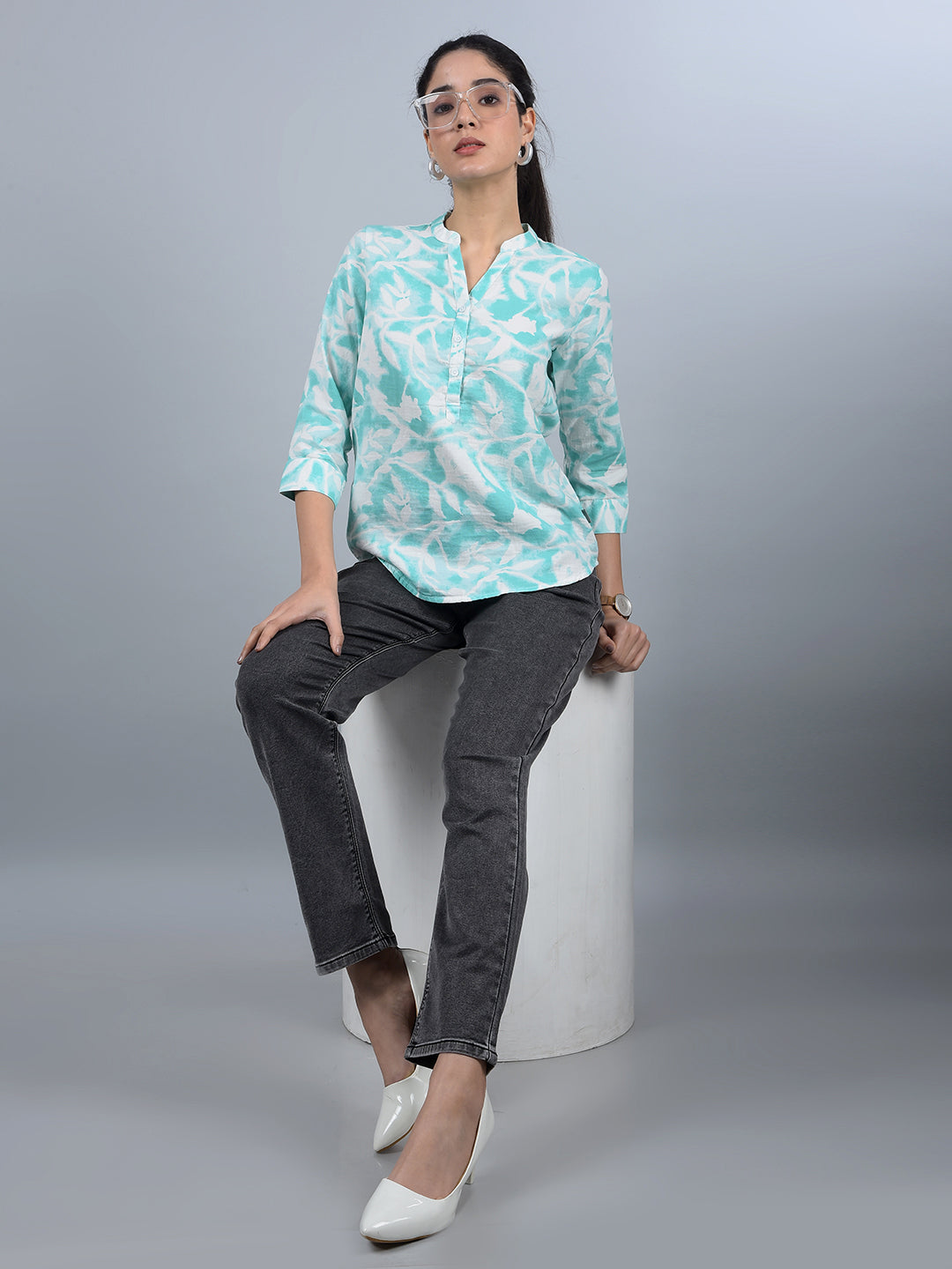 Green Floral Print V-Neck 100% Cotton Top-Women Tops-Crimsoune Club