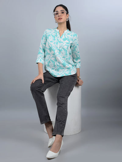 Green Floral Print V-Neck 100% Cotton Top-Women Tops-Crimsoune Club