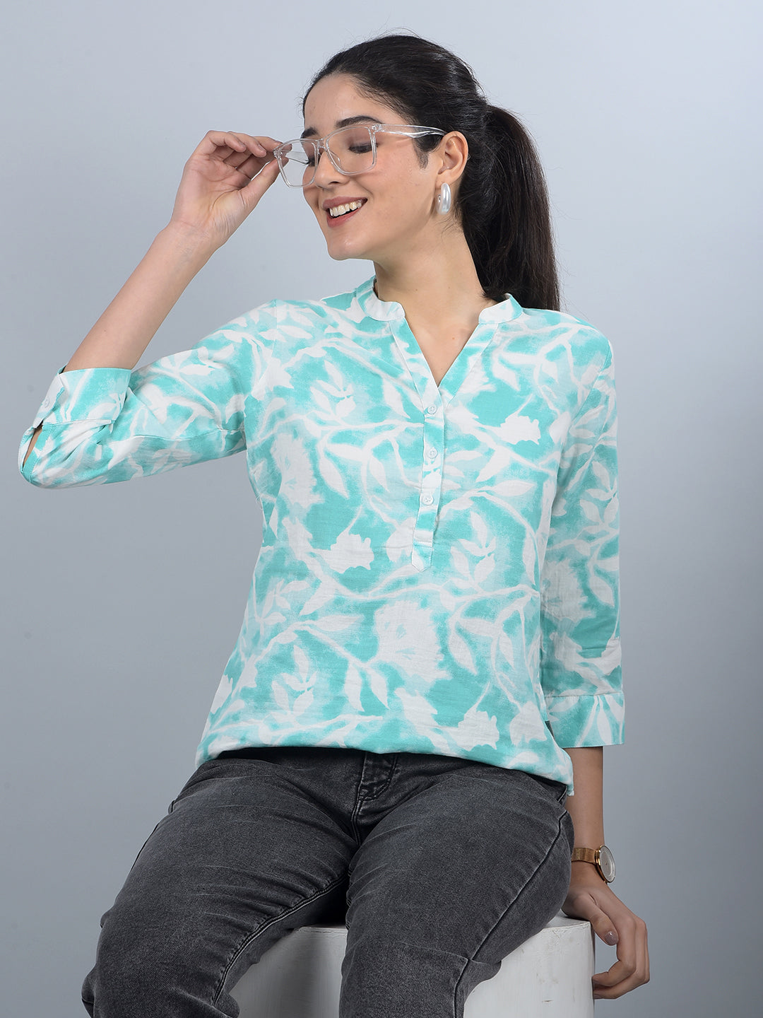 Green Floral Print V-Neck 100% Cotton Top-Women Tops-Crimsoune Club