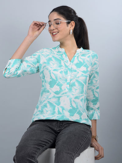 Green Floral Print V-Neck 100% Cotton Top-Women Tops-Crimsoune Club
