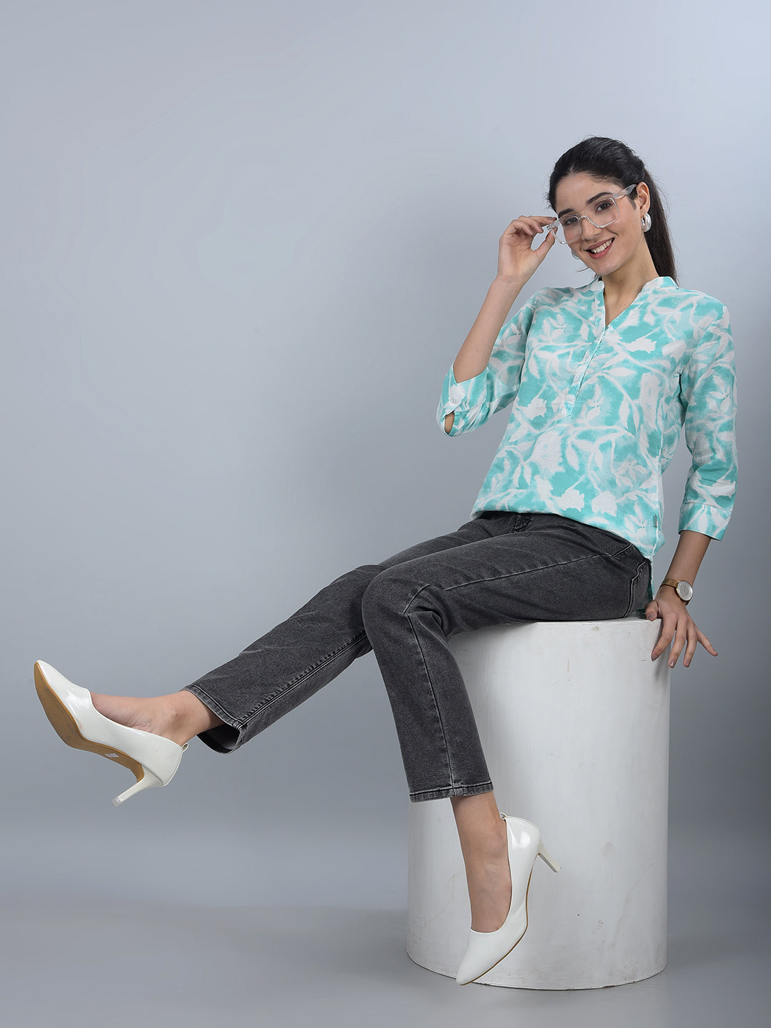 Green Floral Print V-Neck 100% Cotton Top-Women Tops-Crimsoune Club