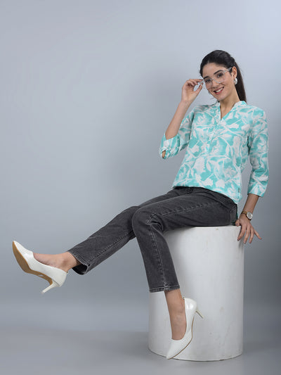 Green Floral Print V-Neck 100% Cotton Top-Women Tops-Crimsoune Club