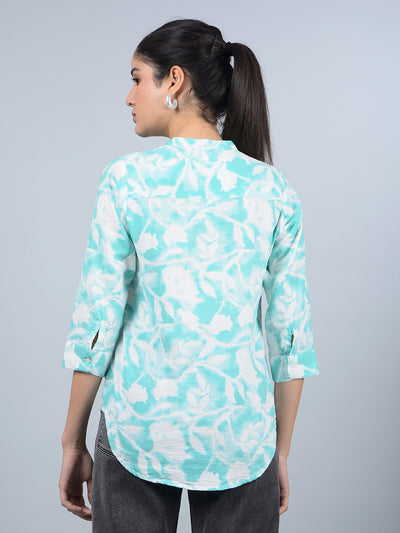 Green Floral Print V-Neck 100% Cotton Top-Women Tops-Crimsoune Club
