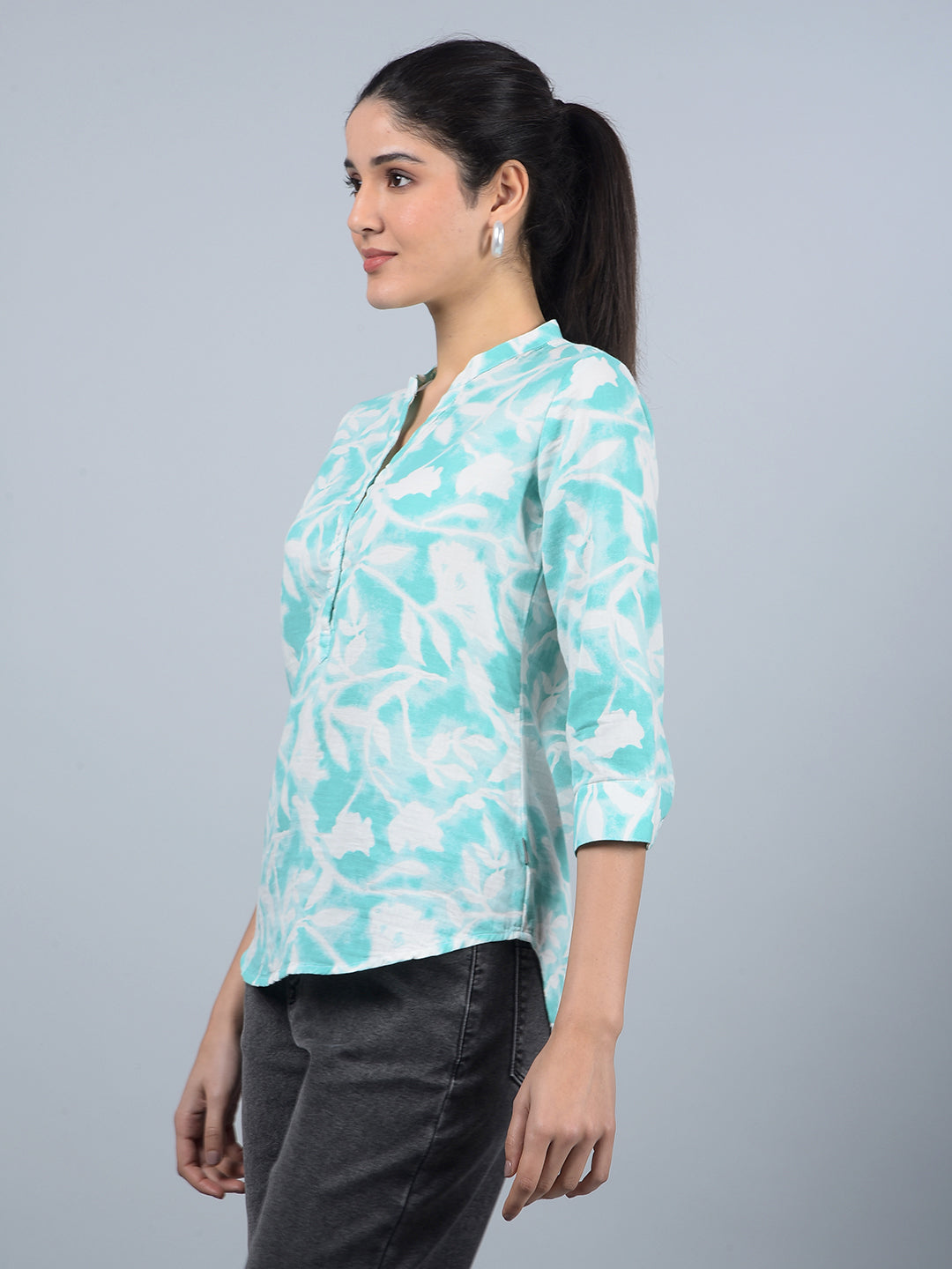 Green Floral Print V-Neck 100% Cotton Top-Women Tops-Crimsoune Club