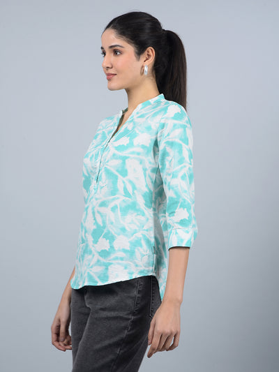 Green Floral Print V-Neck 100% Cotton Top-Women Tops-Crimsoune Club