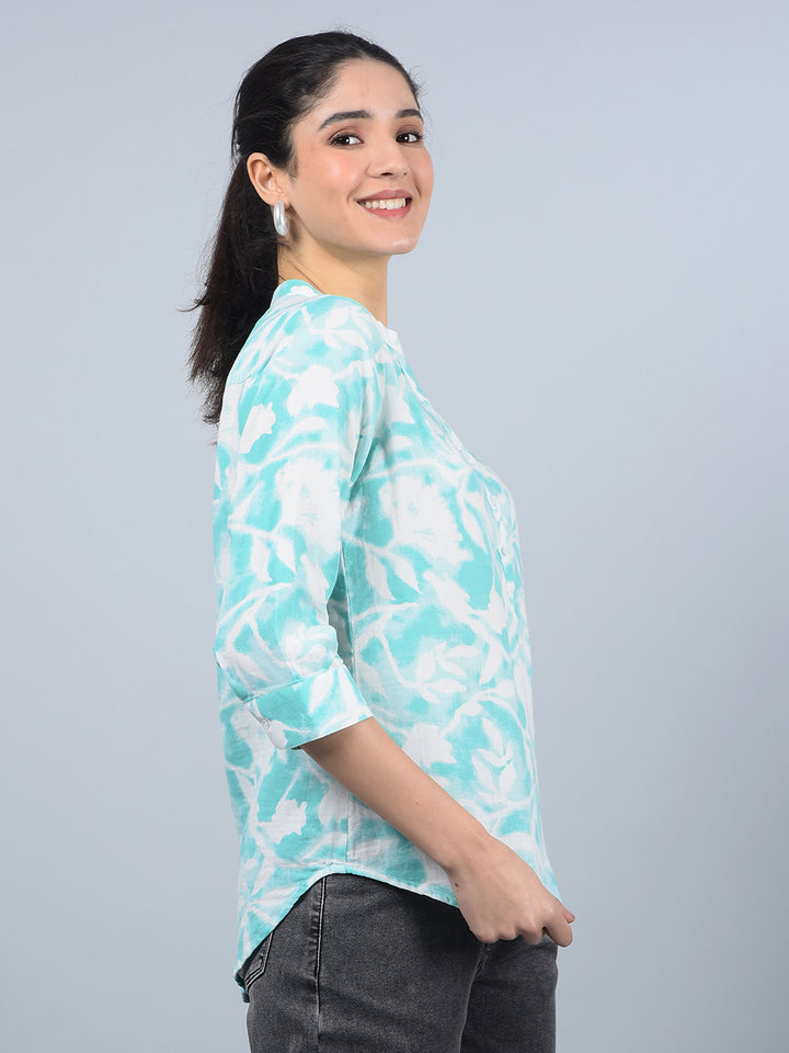 Green Floral Print V-Neck 100% Cotton Top-Women Tops-Crimsoune Club