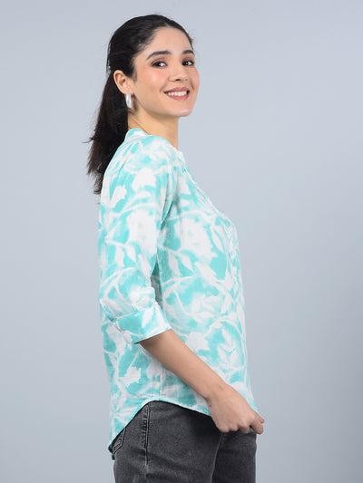 Green Floral Print V-Neck 100% Cotton Top-Women Tops-Crimsoune Club
