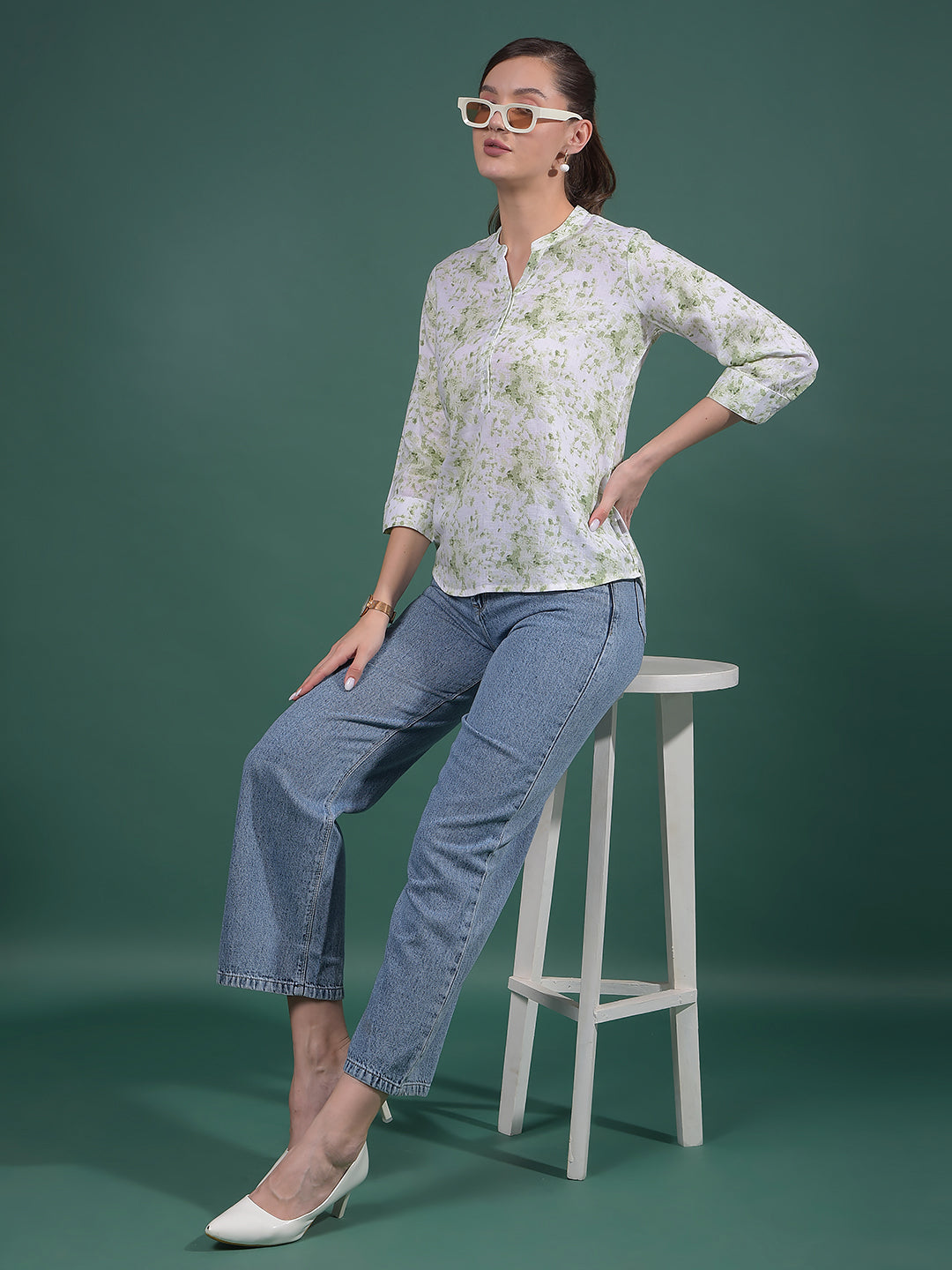 Green Floral Print Linen V-Neck Top-Women Tops-Crimsoune Club