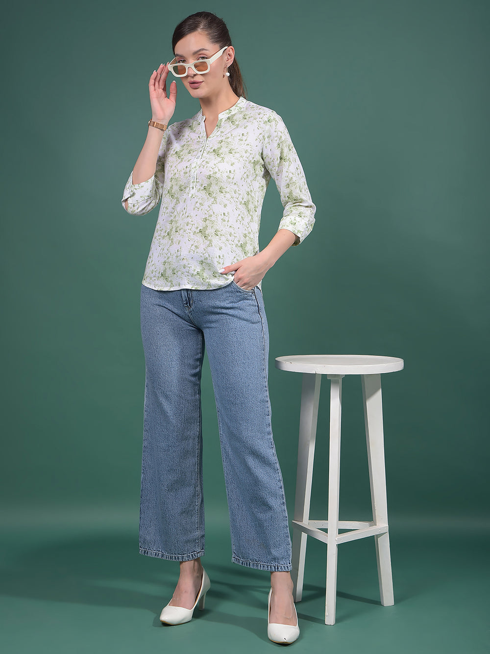 Green Floral Print Linen V-Neck Top-Women Tops-Crimsoune Club