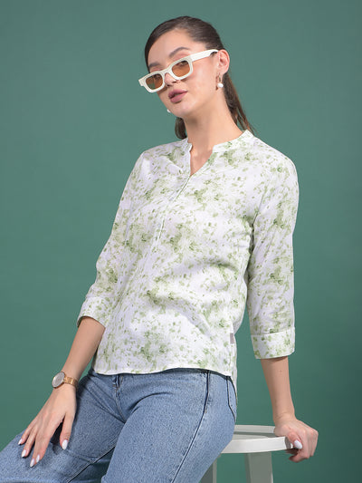Green Floral Print Linen V-Neck Top-Women Tops-Crimsoune Club