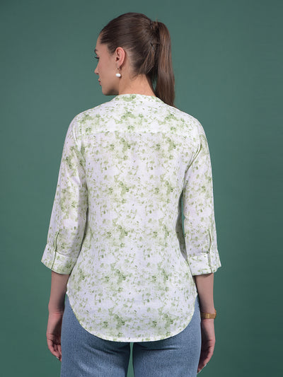 Green Floral Print Linen V-Neck Top-Women Tops-Crimsoune Club