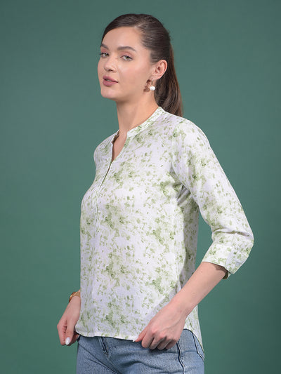 Green Floral Print Linen V-Neck Top-Women Tops-Crimsoune Club