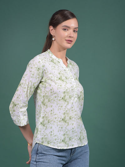 Green Floral Print Linen V-Neck Top-Women Tops-Crimsoune Club