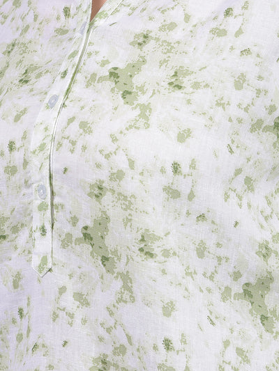 Green Floral Print Linen V-Neck Top-Women Tops-Crimsoune Club