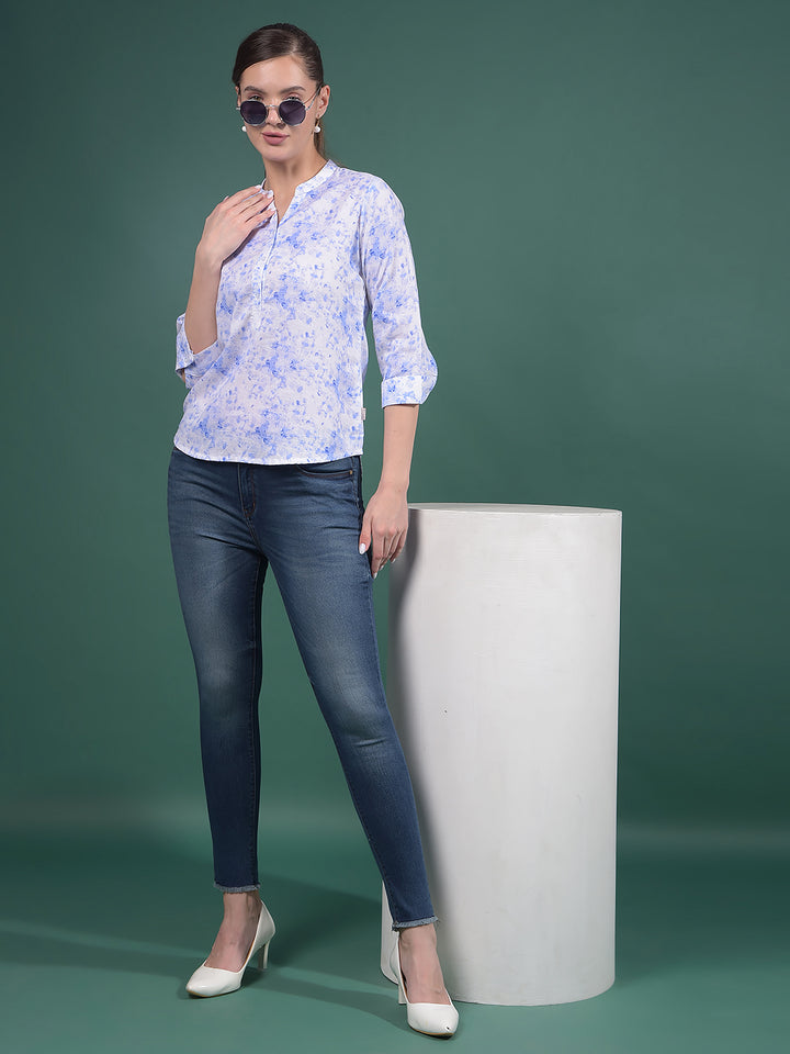 Purple Floral Print Linen V-Neck Top-Women Tops-Crimsoune Club