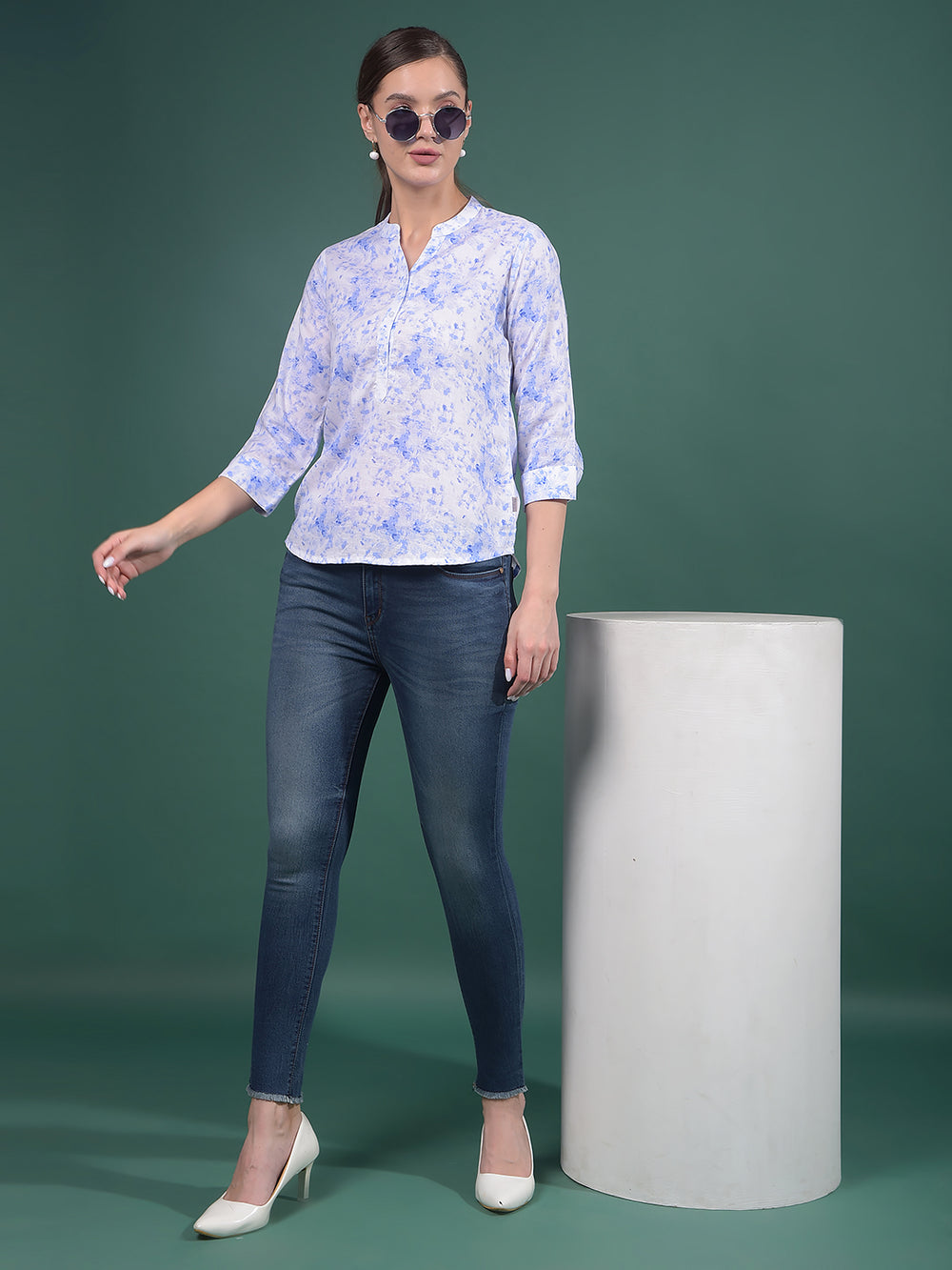 Purple Floral Print Linen V-Neck Top-Women Tops-Crimsoune Club