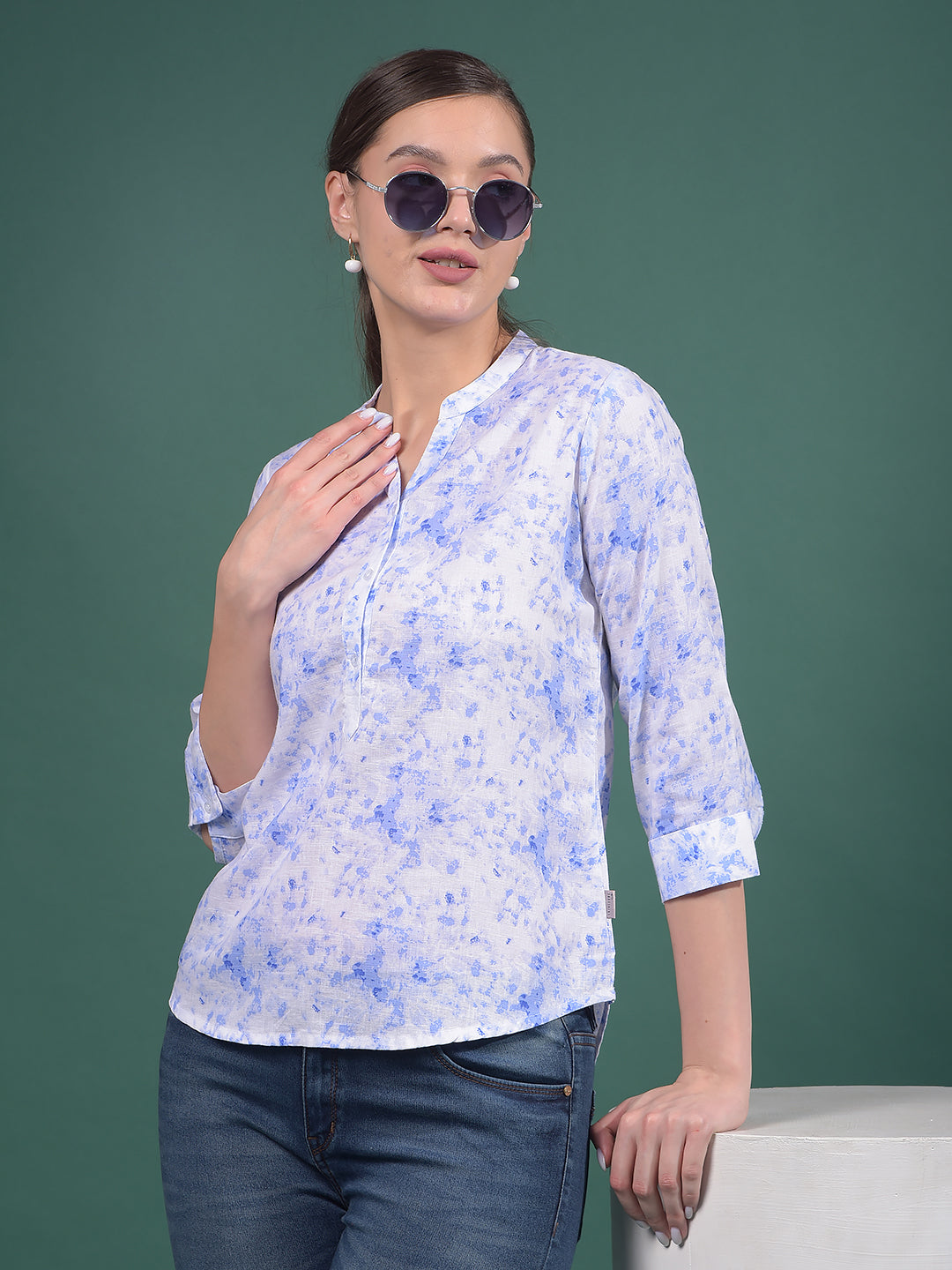 Purple Floral Print Linen V-Neck Top-Women Tops-Crimsoune Club