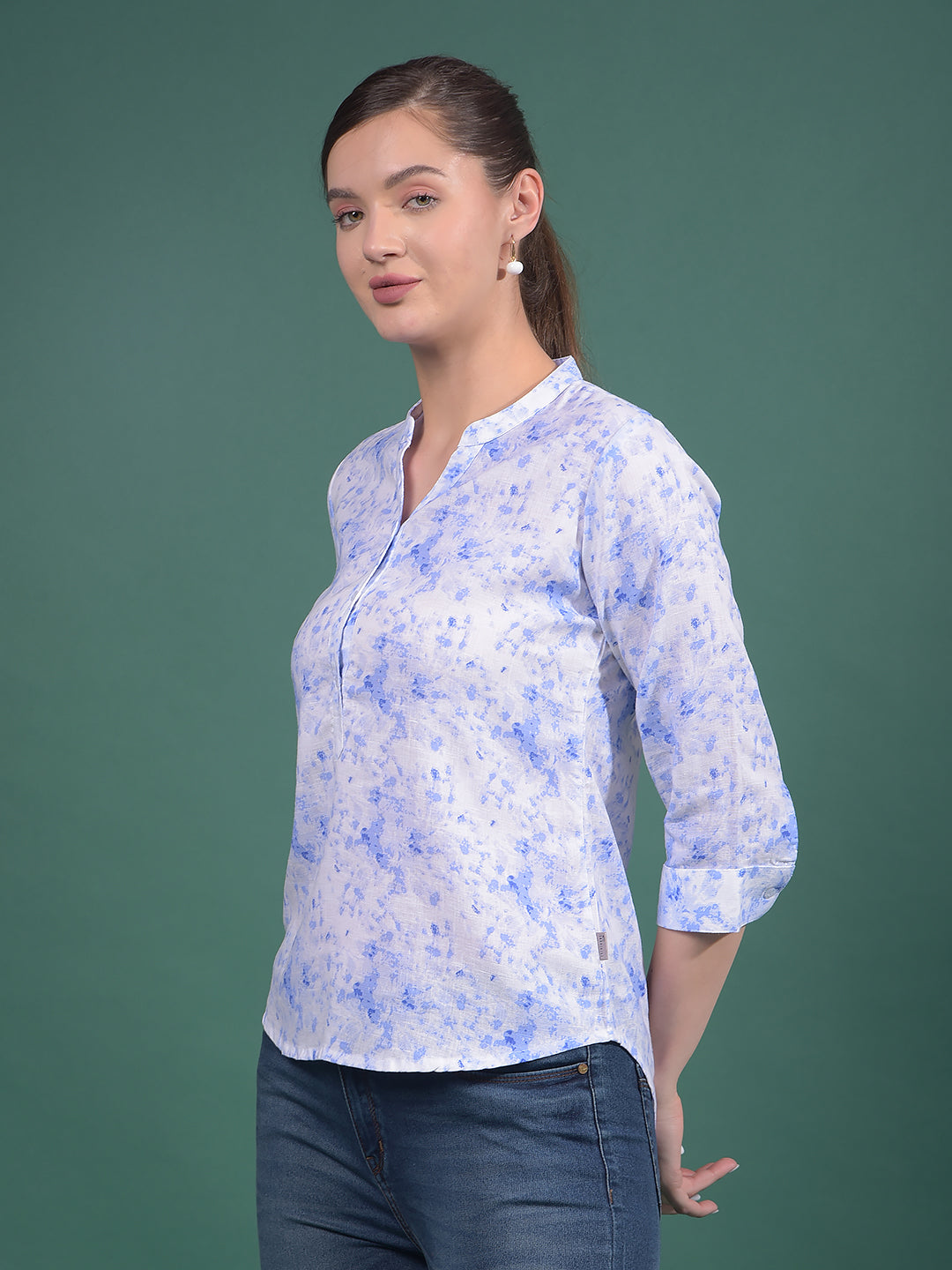 Purple Floral Print Linen V-Neck Top-Women Tops-Crimsoune Club