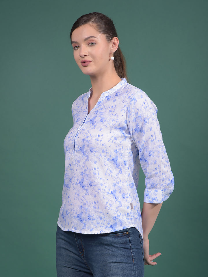 Purple Floral Print Linen V-Neck Top-Women Tops-Crimsoune Club
