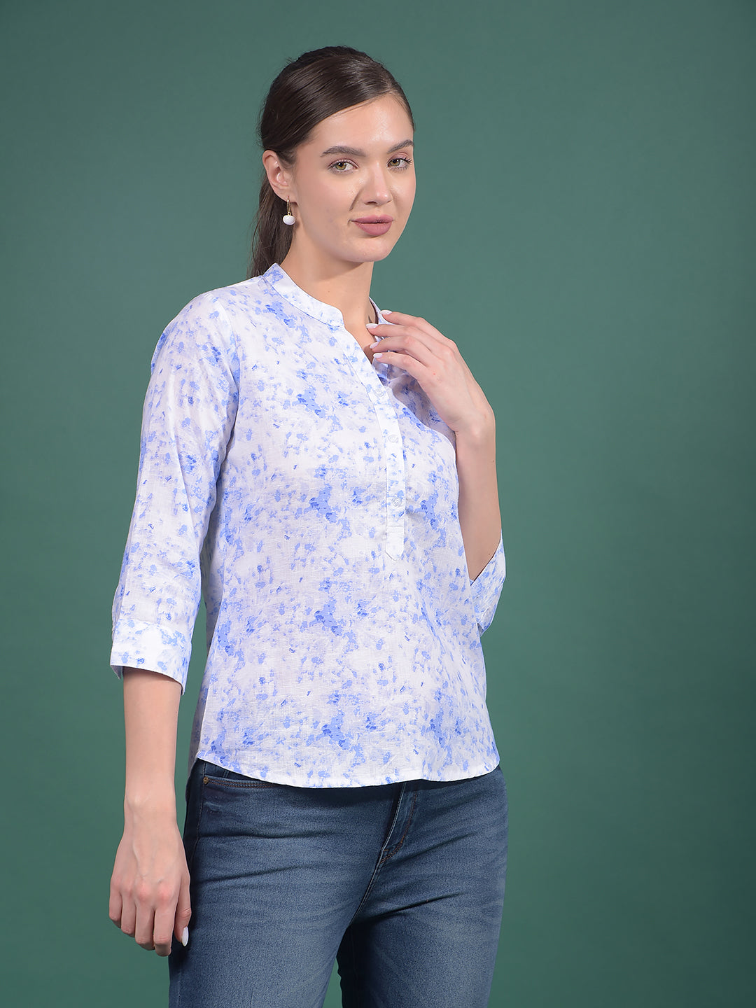 Purple Floral Print Linen V-Neck Top-Women Tops-Crimsoune Club