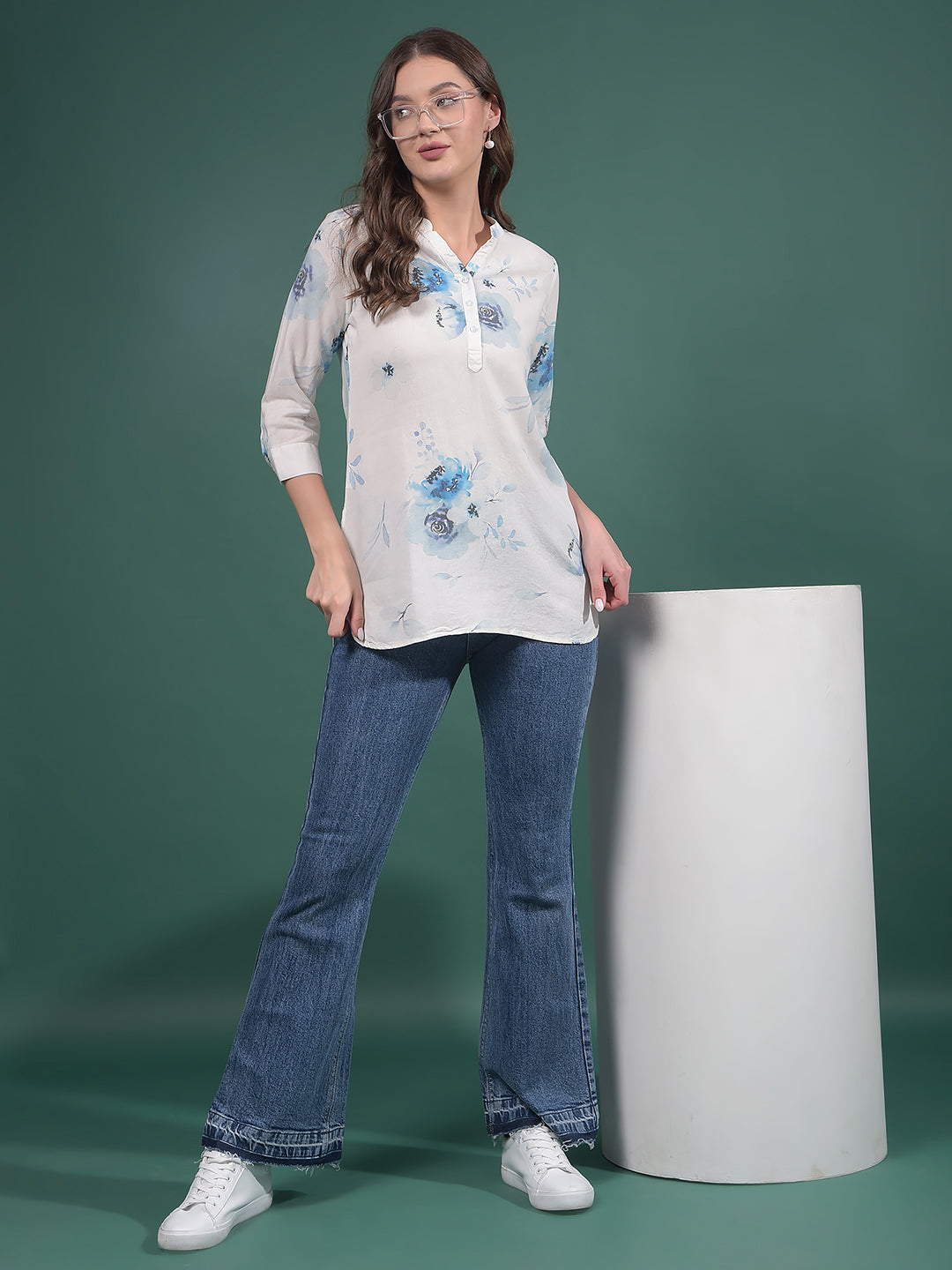 Blue Floral Print Linen V-Neck Top-Women Tops-Crimsoune Club