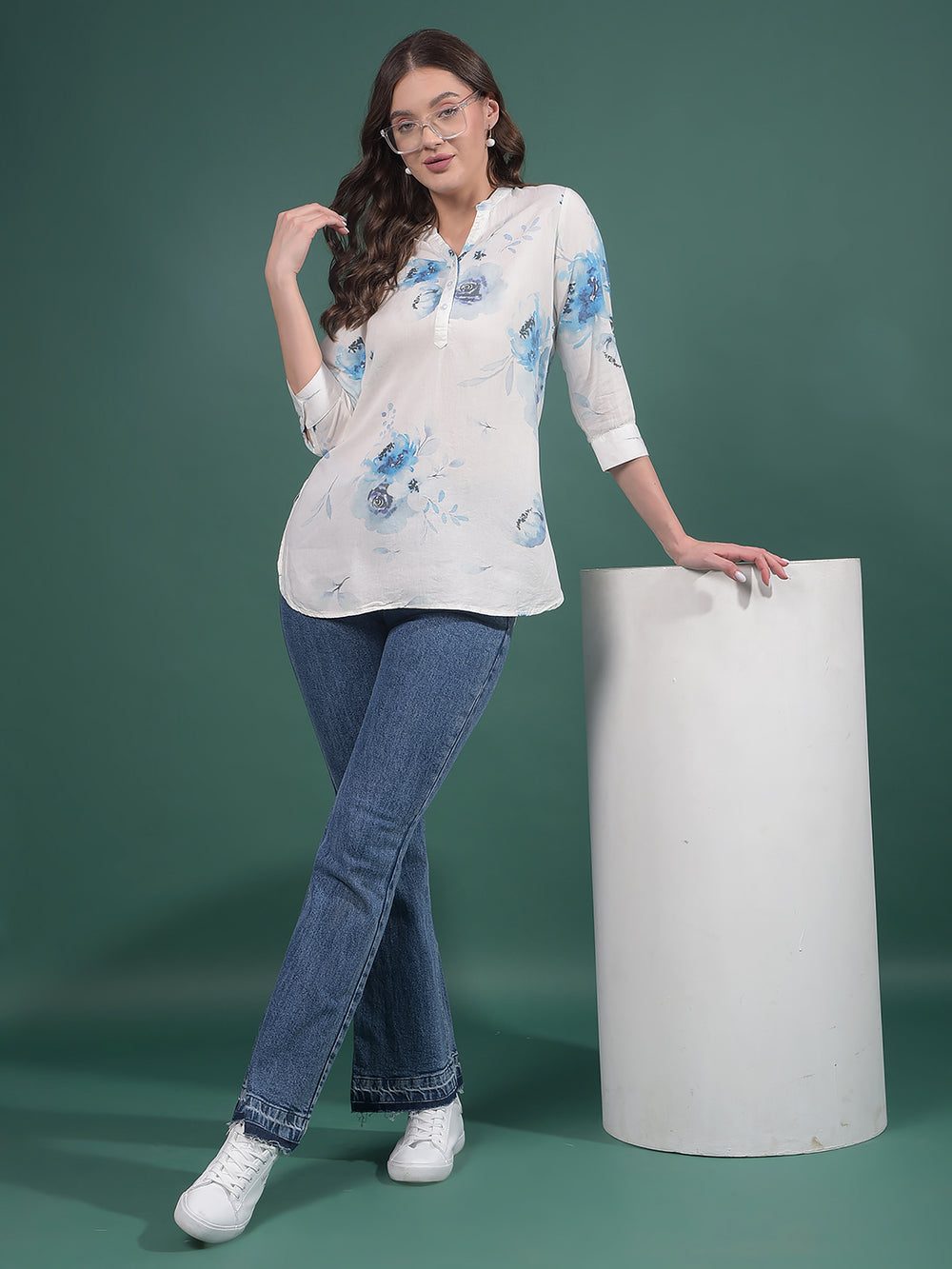 Blue Floral Print Linen V-Neck Top-Women Tops-Crimsoune Club
