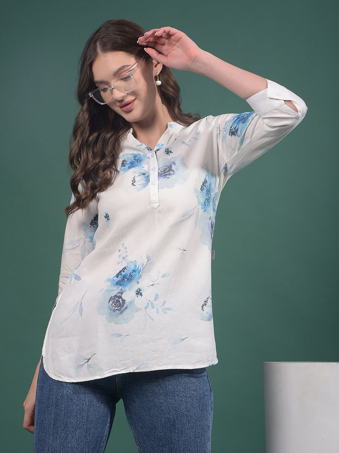 Blue Floral Print Linen V-Neck Top-Women Tops-Crimsoune Club