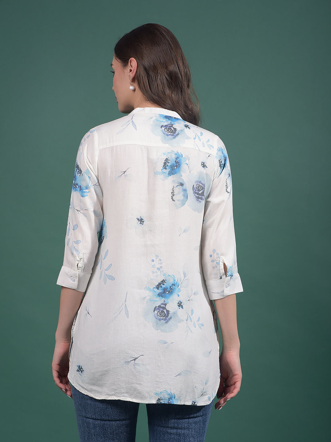 Blue Floral Print Linen V-Neck Top-Women Tops-Crimsoune Club