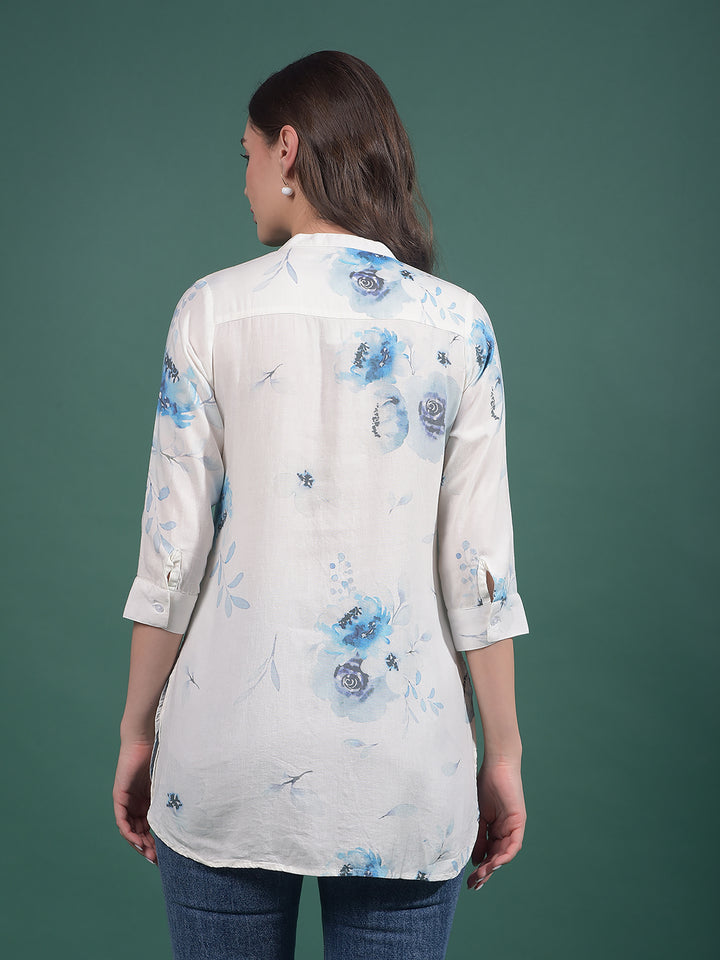Blue Floral Print Linen V-Neck Top-Women Tops-Crimsoune Club