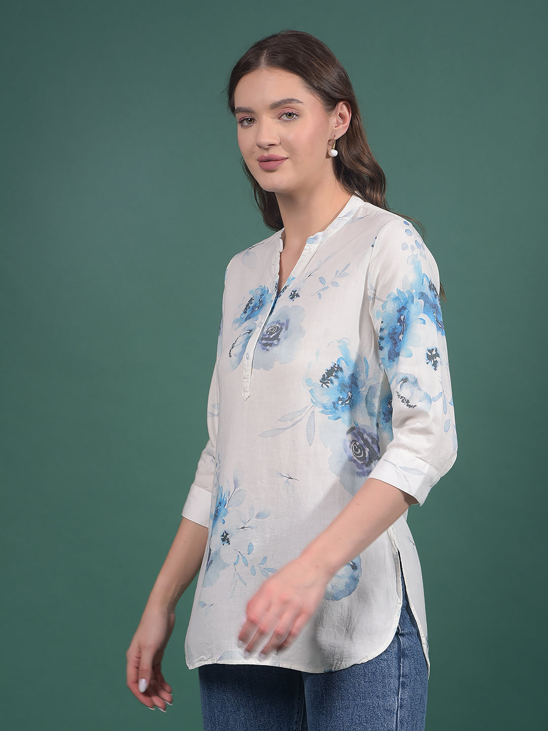 Blue Floral Print Linen V-Neck Top-Women Tops-Crimsoune Club