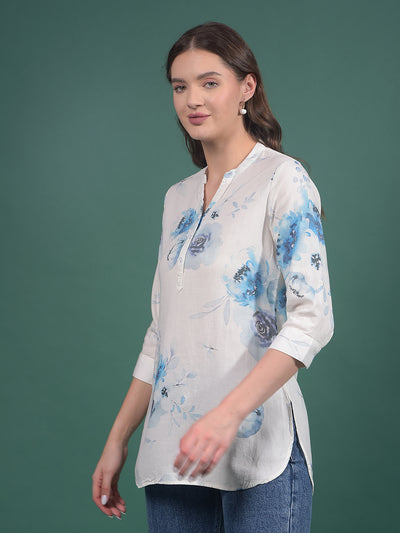 Blue Floral Print Linen V-Neck Top-Women Tops-Crimsoune Club
