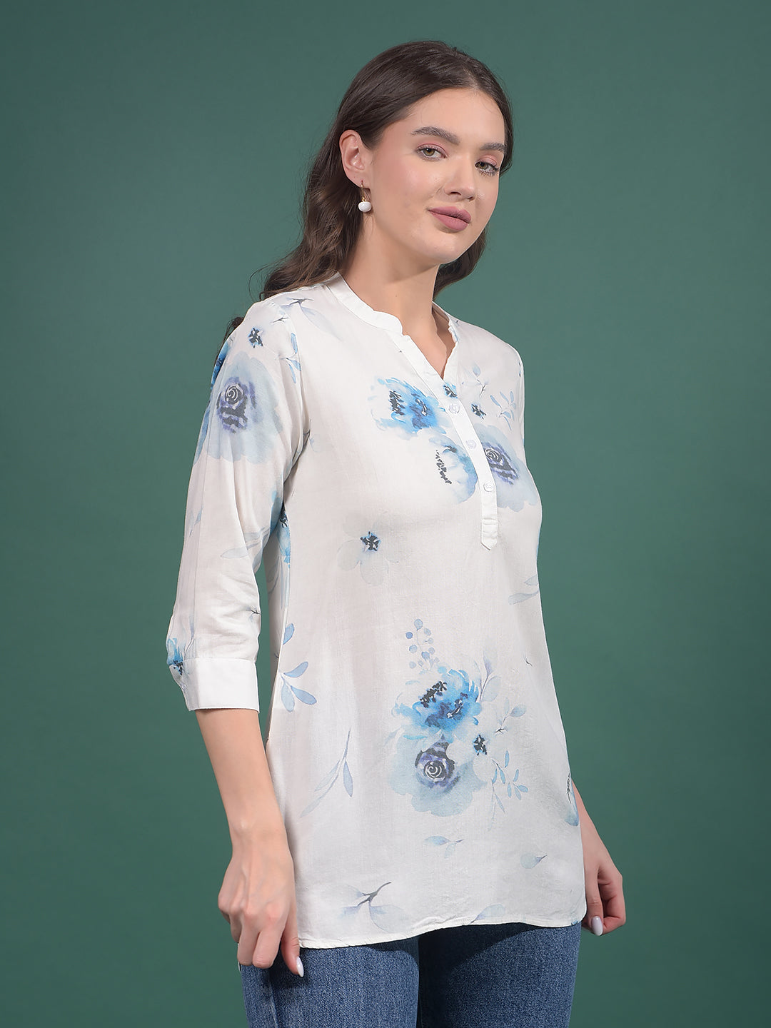Blue Floral Print Linen V-Neck Top-Women Tops-Crimsoune Club