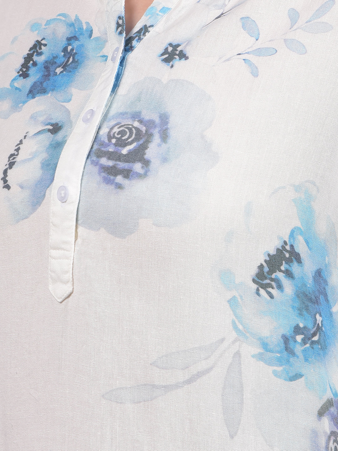 Blue Floral Print Linen V-Neck Top-Women Tops-Crimsoune Club
