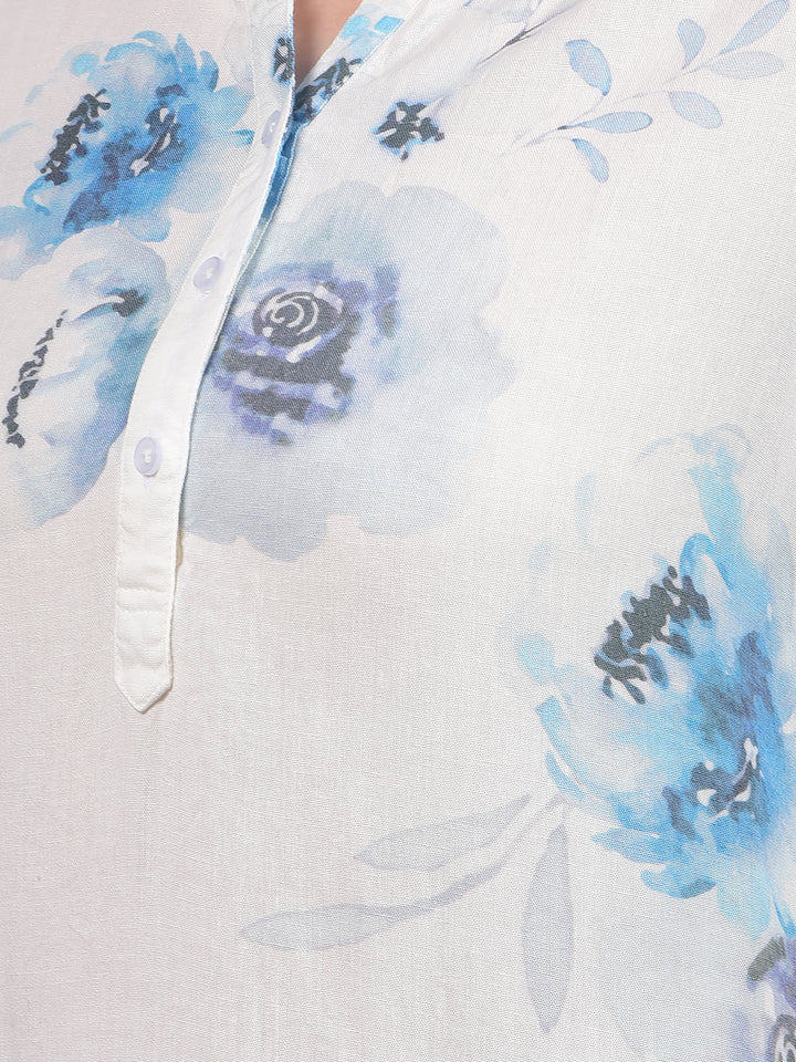 Blue Floral Print Linen V-Neck Top-Women Tops-Crimsoune Club