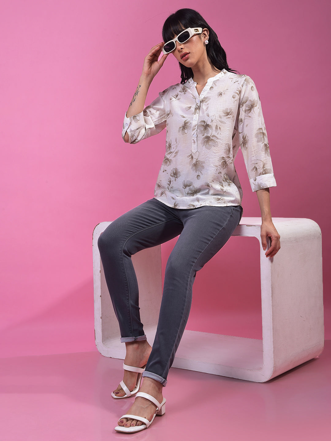Off White Floral Print V-Neck 3/4th Sleeves Top-Women Tops-Crimsoune Club