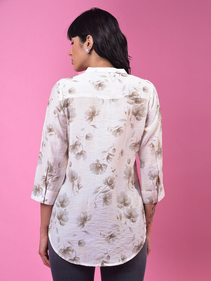 Off White Floral Print V-Neck 3/4th Sleeves Top-Women Tops-Crimsoune Club